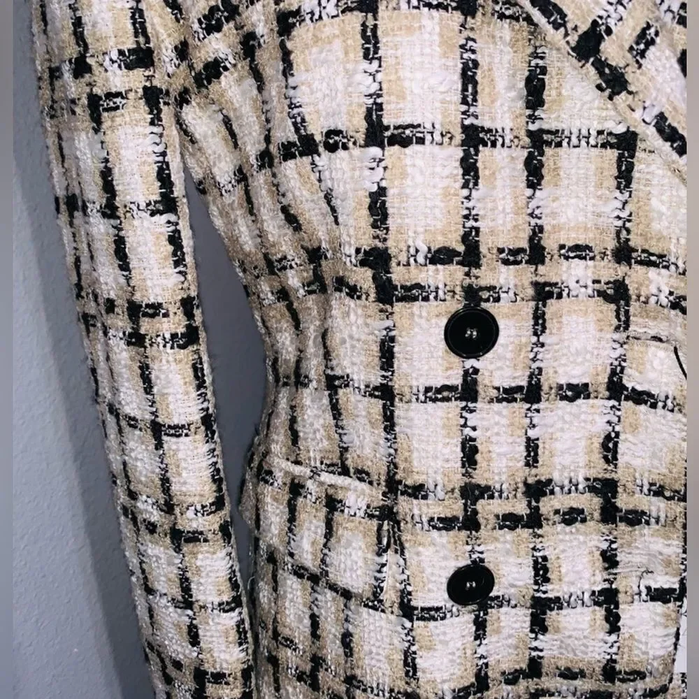Zara Taupe Brown Textured Plaid Longline Blazer - Size M, Chic Lapel Collar!